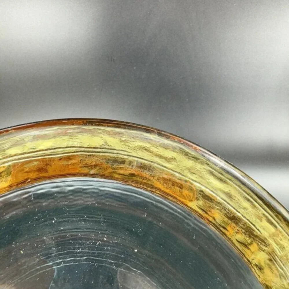 Vintage Italian Hand Made Fused Art Glass Plate Dish Transparent Green With Gold